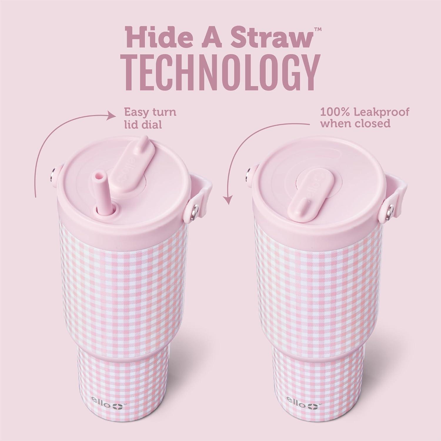 imageEllo Oasis Go 26oz Tumbler with Top Handle and Retracting Straw Reusable Insulated Stainless Steel Cup 100 Leakproof Water Bottle 24 Hours Cold Cup Holder Friendly For Travel Wild RasberryPink Gingham