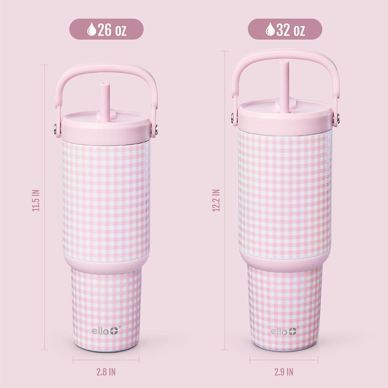 imageEllo Oasis Go 26oz Tumbler with Top Handle and Retracting Straw Reusable Insulated Stainless Steel Cup 100 Leakproof Water Bottle 24 Hours Cold Cup Holder Friendly For Travel Wild RasberryPink Gingham