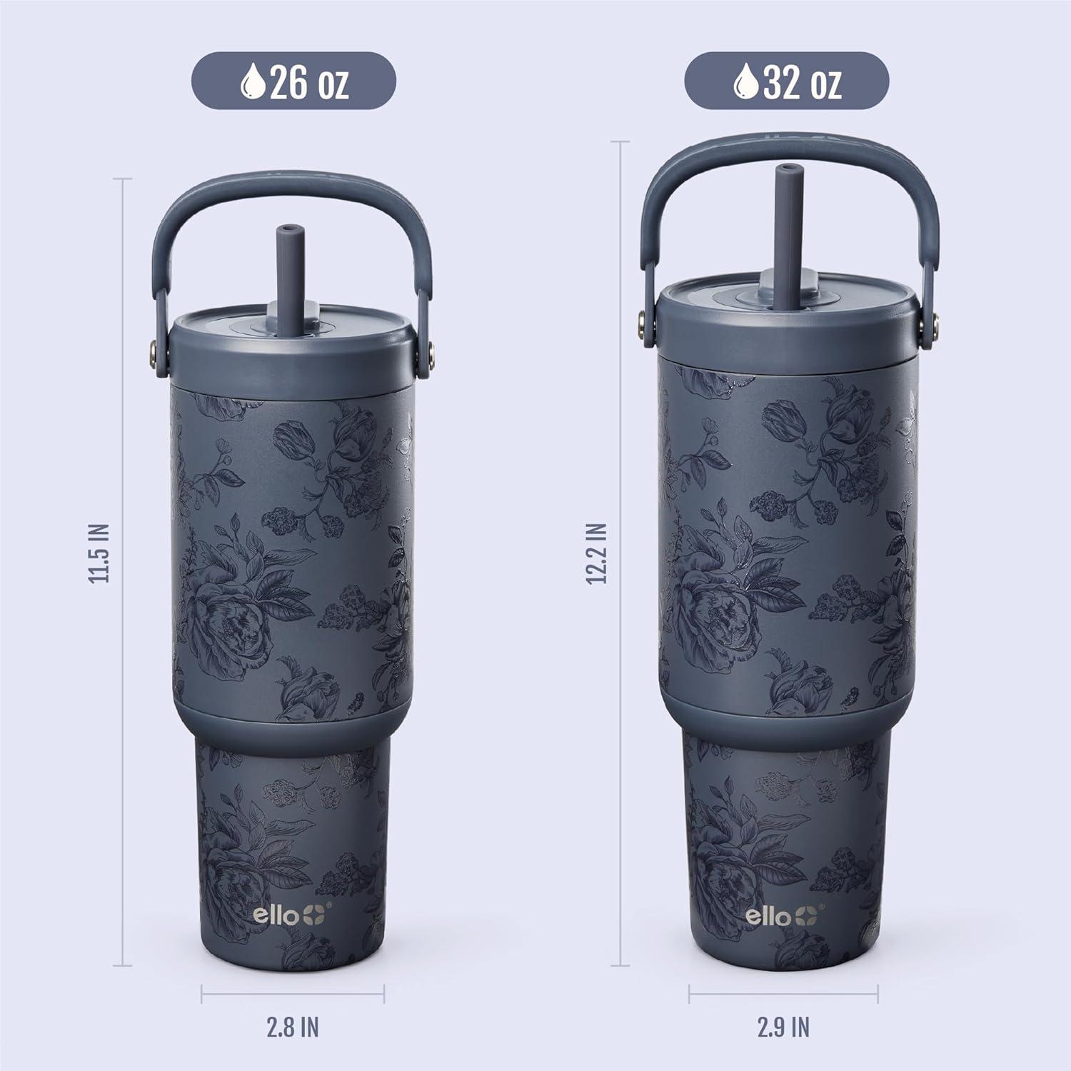 imageEllo Oasis Go 32oz Tumbler with Top Handle and Retracting Straw Reusable Insulated Stainless Steel Cup 100 Leakproof Water Bottle 24 Hours Cold Cup Holder Friendly For Travel DaisiesPorcelain Rose Navy