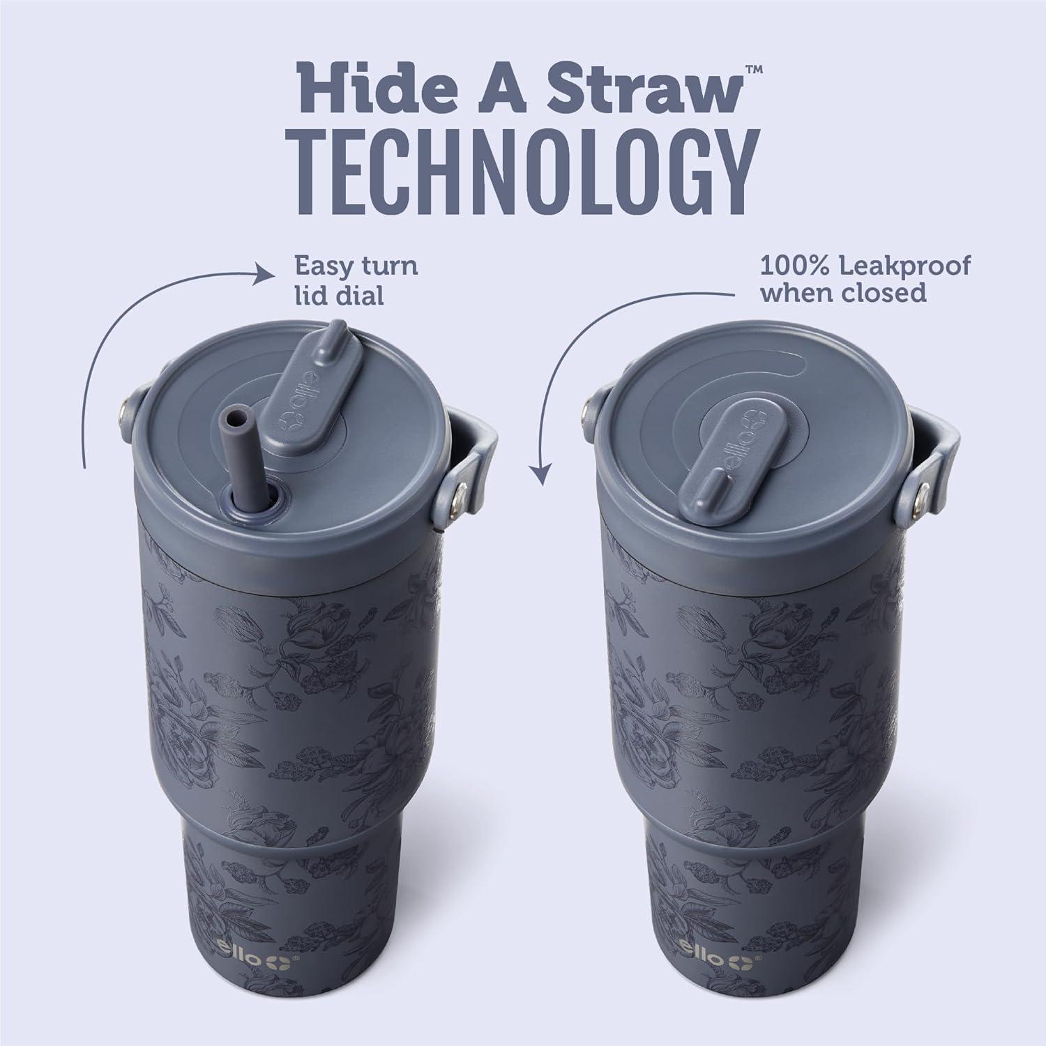 imageEllo Oasis Go 32oz Tumbler with Top Handle and Retracting Straw Reusable Insulated Stainless Steel Cup 100 Leakproof Water Bottle 24 Hours Cold Cup Holder Friendly For Travel DaisiesPorcelain Rose Navy