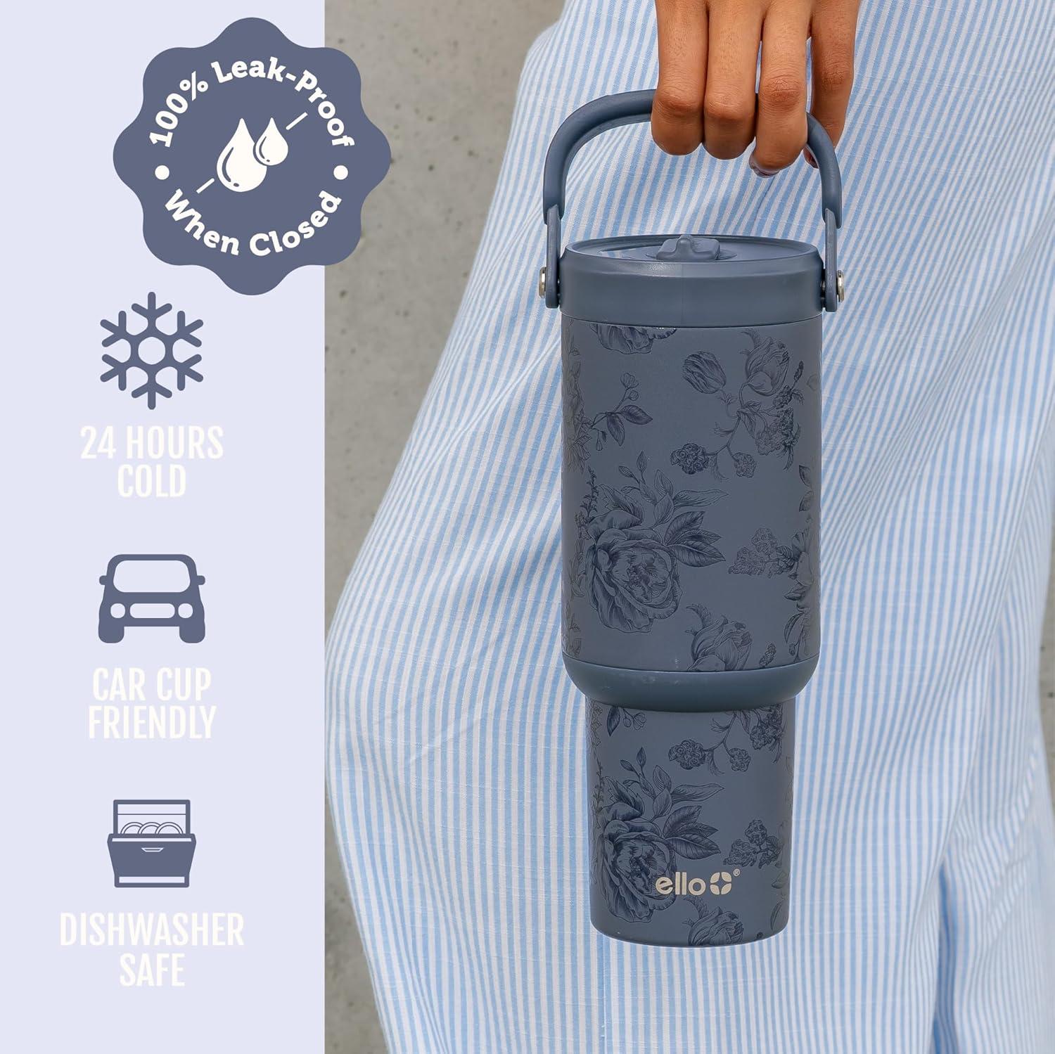imageEllo Oasis Go 32oz Tumbler with Top Handle and Retracting Straw Reusable Insulated Stainless Steel Cup 100 Leakproof Water Bottle 24 Hours Cold Cup Holder Friendly For Travel DaisiesPorcelain Rose Navy