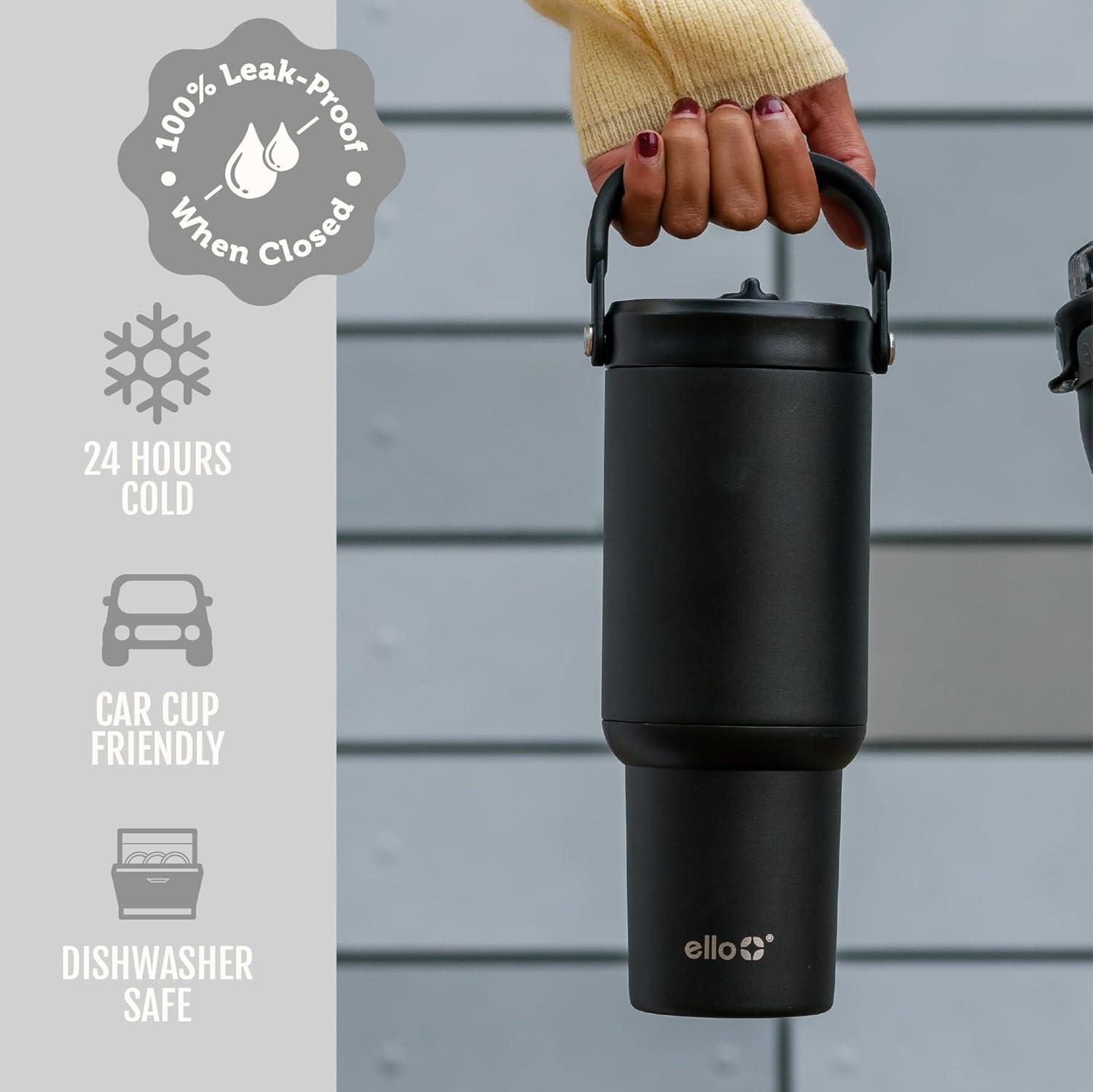 imageEllo Oasis Go 32oz Tumbler with Top Handle and Retracting Straw Reusable Insulated Stainless Steel Cup 100 Leakproof Water Bottle 24 Hours Cold Cup Holder Friendly For Travel DaisiesBlack
