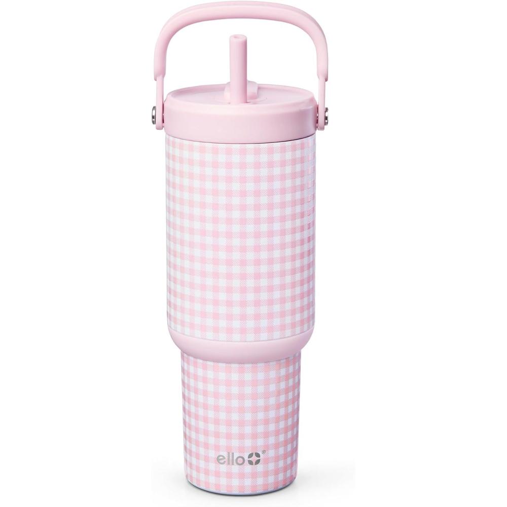 imageEllo Oasis Go 26oz Tumbler with Top Handle and Retracting Straw  Reusable Insulated Stainless Steel Cup 100 Leakproof Water Bottle 24 Hours Cold Cup Holder Friendly For Travel  Wild RasberryPink Gingham