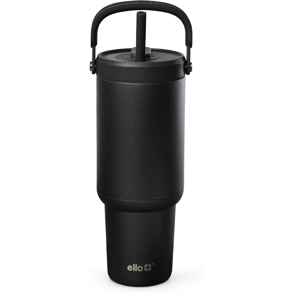 imageEllo Oasis Go 32oz Tumbler with Top Handle and Retracting Straw Reusable Insulated Stainless Steel Cup 100 Leakproof Water Bottle 24 Hours Cold Cup Holder Friendly For Travel DaisiesBlack