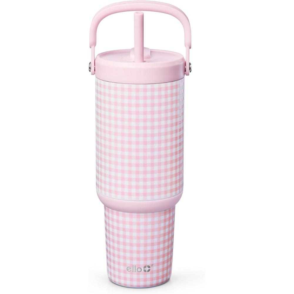 imageEllo Oasis Go 32oz Tumbler with Top Handle and Retracting Straw Reusable Insulated Stainless Steel Cup 100 Leakproof Water Bottle 24 Hours Cold Cup Holder Friendly For Travel DaisiesPink Gingham
