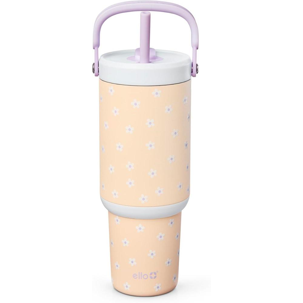 imageEllo Oasis Go 32oz Tumbler with Top Handle and Retracting Straw Reusable Insulated Stainless Steel Cup 100 Leakproof Water Bottle 24 Hours Cold Cup Holder Friendly For Travel DaisiesDaises