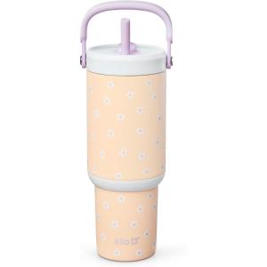 Ello Oasis Go+ 26oz Tumbler with Top Handle and Retracting Straw | Reusable Insulated Stainless Steel Cup, 100% Leakproof Water Bottle, 24 Hours Cold, Cup Holder Friendly For Travel | Wild Rasberry(Daisies)
