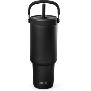 Ello Oasis Go+ 32oz Tumbler with Top Handle and Retracting Straw | Reusable Insulated Stainless Steel Cup, 100% Leakproof Water Bottle, 24 Hours Cold, Cup Holder Friendly For Travel | Daisies(Black)