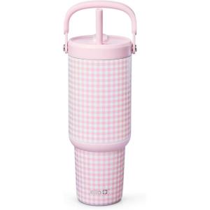 Ello Oasis Go+ 32oz Tumbler with Top Handle and Retracting Straw | Reusable Insulated Stainless Steel Cup, 100% Leakproof Water Bottle, 24 Hours Cold, Cup Holder Friendly For Travel | Daisies(Pink Gingham)