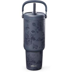 Ello Oasis Go+ 32oz Tumbler with Top Handle and Retracting Straw | Reusable Insulated Stainless Steel Cup, 100% Leakproof Water Bottle, 24 Hours Cold, Cup Holder Friendly For Travel | Daisies(Porcelain Rose Navy)