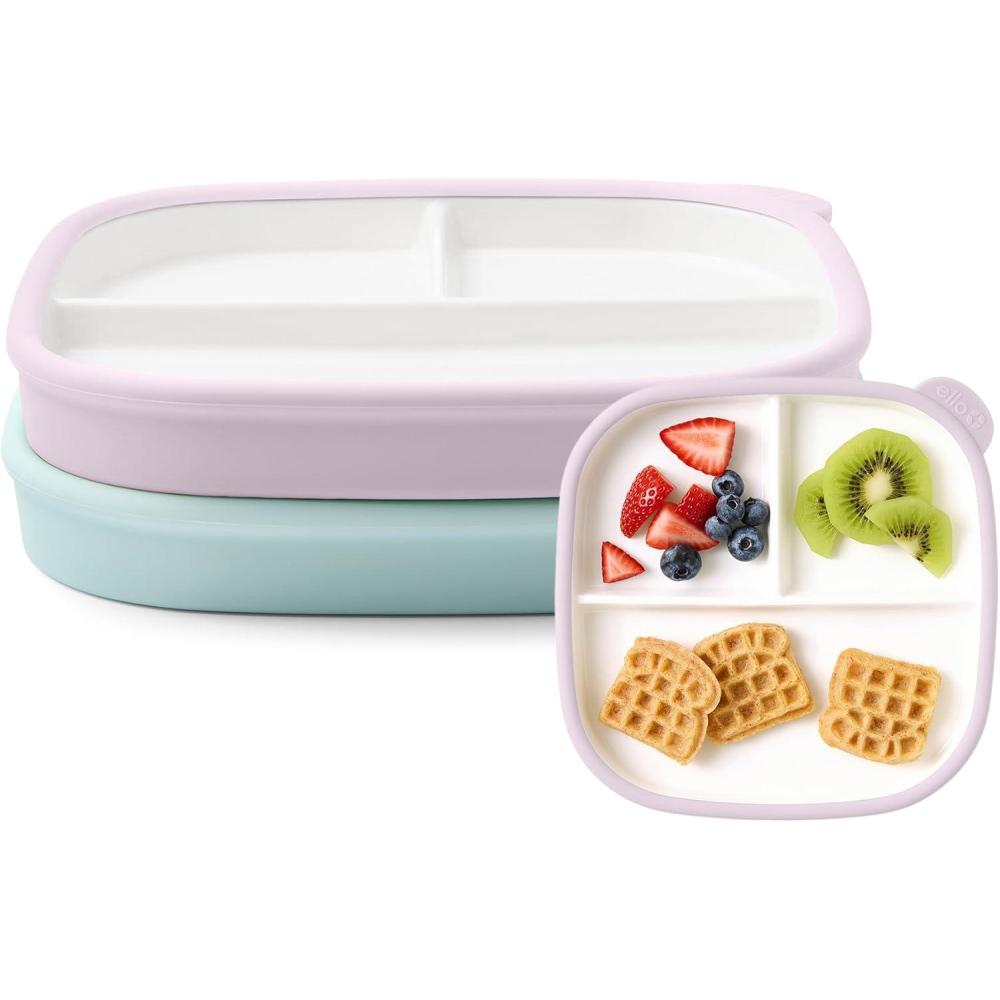 imageEllo Clean Start Toddler Breakfast Plate 2 Pack BPAFree Ceramic Plates with Divider amp Silicone Sleeve for BabiesToddlers Microwave amp Dishwasher Safe High Chair Friendly DewdropSugarplumDewdropSugarplum