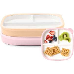 Ello Clean Start Toddler Breakfast Plate 2 Pack | BPA-Free Ceramic Plates with Divider & Silicone Sleeve for Babies/Toddlers| Microwave & Dishwasher Safe | High Chair Friendly | Dewdrop/Sugarplum(Cashmere Pink/Dune)