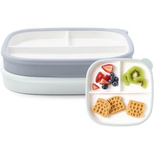 Ello Clean Start Toddler Breakfast Plate 2 Pack | BPA-Free Ceramic Plates with Divider & Silicone Sleeve for Babies/Toddlers| Microwave & Dishwasher Safe | High Chair Friendly | Dewdrop/Sugarplum(Quiet Tide/Tech Blue)