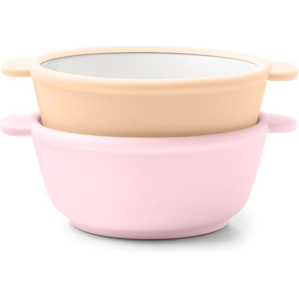 imageEllo Clean Start Toddler Bowls 2 Pack  Ceramic KidsBaby Bowls with Silicone Sleeves  BPAFree PlasticFree  Microwave amp Dishwasher Safe  High Chair Friendly Stackable  DewdropSugarplumCashmere PinkDune