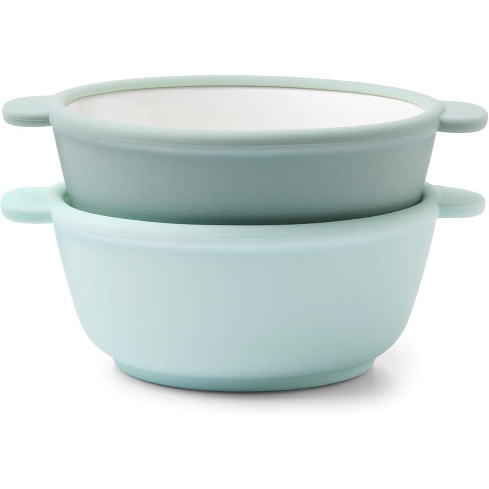 imageEllo Clean Start Toddler Bowls 2 Pack  Ceramic KidsBaby Bowls with Silicone Sleeves  BPAFree PlasticFree  Microwave amp Dishwasher Safe  High Chair Friendly Stackable  DewdropSugarplumDewdropGrayed Jade