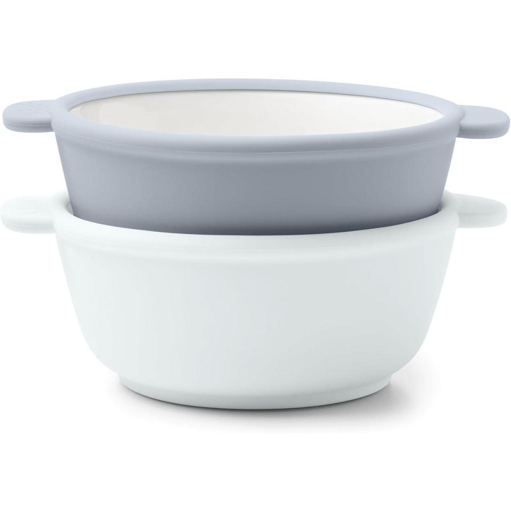 imageEllo Clean Start Toddler Bowls 2 Pack  Ceramic KidsBaby Bowls with Silicone Sleeves  BPAFree PlasticFree  Microwave amp Dishwasher Safe  High Chair Friendly Stackable  DewdropSugarplumQuiet TideTech Blue
