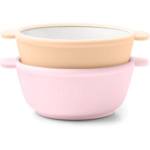Ello Clean Start Toddler Bowls 2 Pack | Ceramic Kids/Baby Bowls with Silicone Sleeves | BPA-Free, Plastic-Free | Microwave & Dishwasher Safe | High Chair Friendly, Stackable | Dewdrop/Sugarplum(Cashmere Pink/Dune)