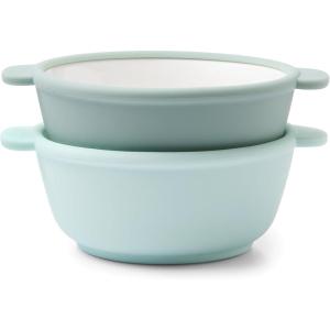 Ello Clean Start Toddler Bowls 2 Pack | Ceramic Kids/Baby Bowls with Silicone Sleeves | BPA-Free, Plastic-Free | Microwave & Dishwasher Safe | High Chair Friendly, Stackable | Dewdrop/Sugarplum(Dewdrop/Grayed Jade)