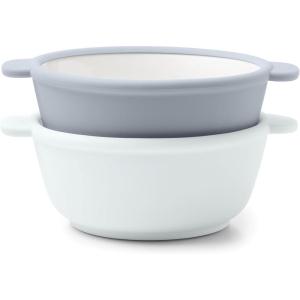 Ello Clean Start Toddler Bowls 2 Pack | Ceramic Kids/Baby Bowls with Silicone Sleeves | BPA-Free, Plastic-Free | Microwave & Dishwasher Safe | High Chair Friendly, Stackable | Dewdrop/Sugarplum(Quiet Tide/Tech Blue)