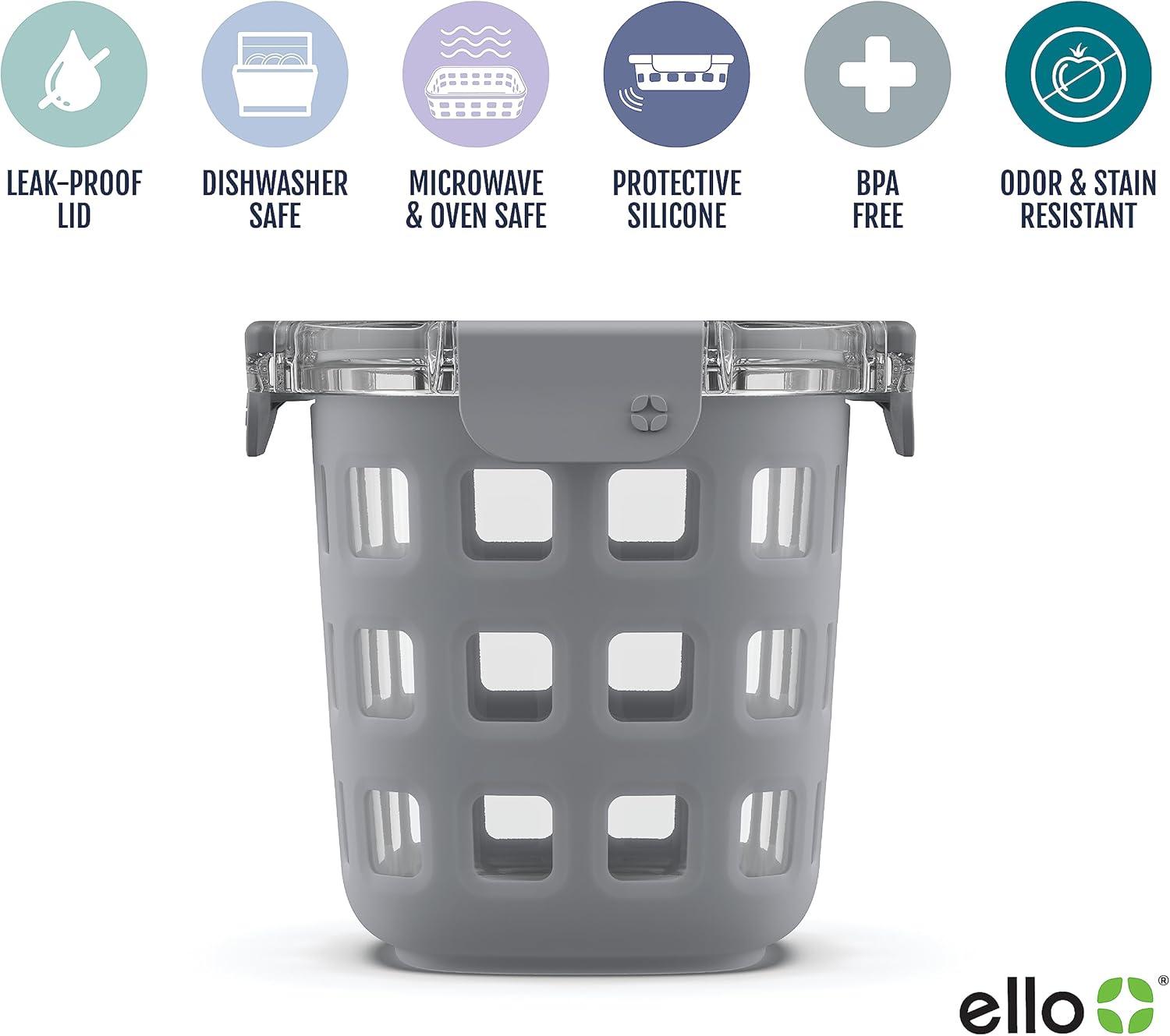 imageEllo Duraglass Meal Prep Container Glass Food Storage Container with Silicone Sleeve and Airtight BPAFree Plastic Lid Dishwasher Microwave and Freezer Safe3 Cup Grey