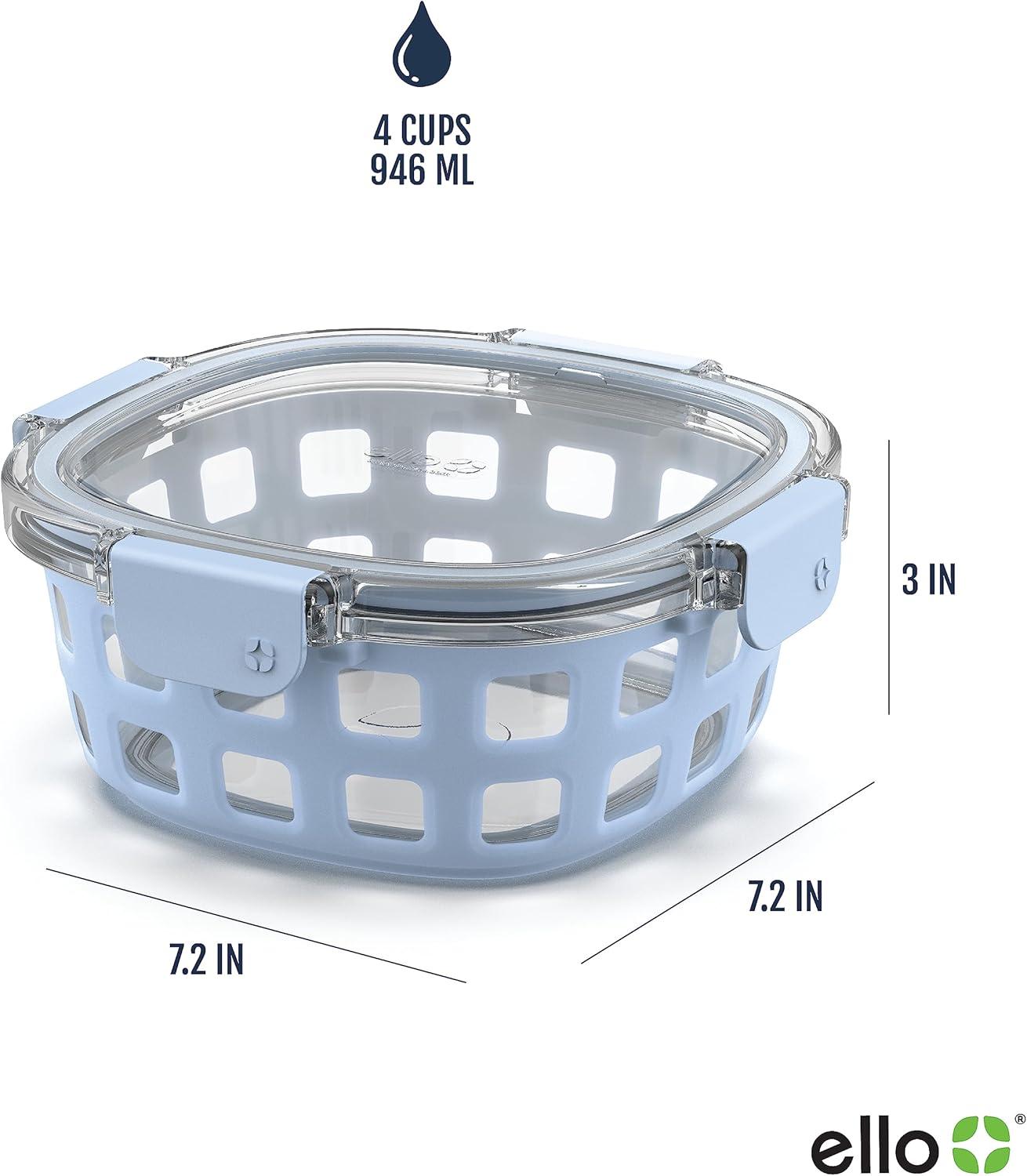 imageEllo Duraglass Meal Prep Container Glass Food Storage Container with Silicone Sleeve and Airtight BPAFree Plastic Lid Dishwasher Microwave and Freezer Safe4 Cup Halogen Blue