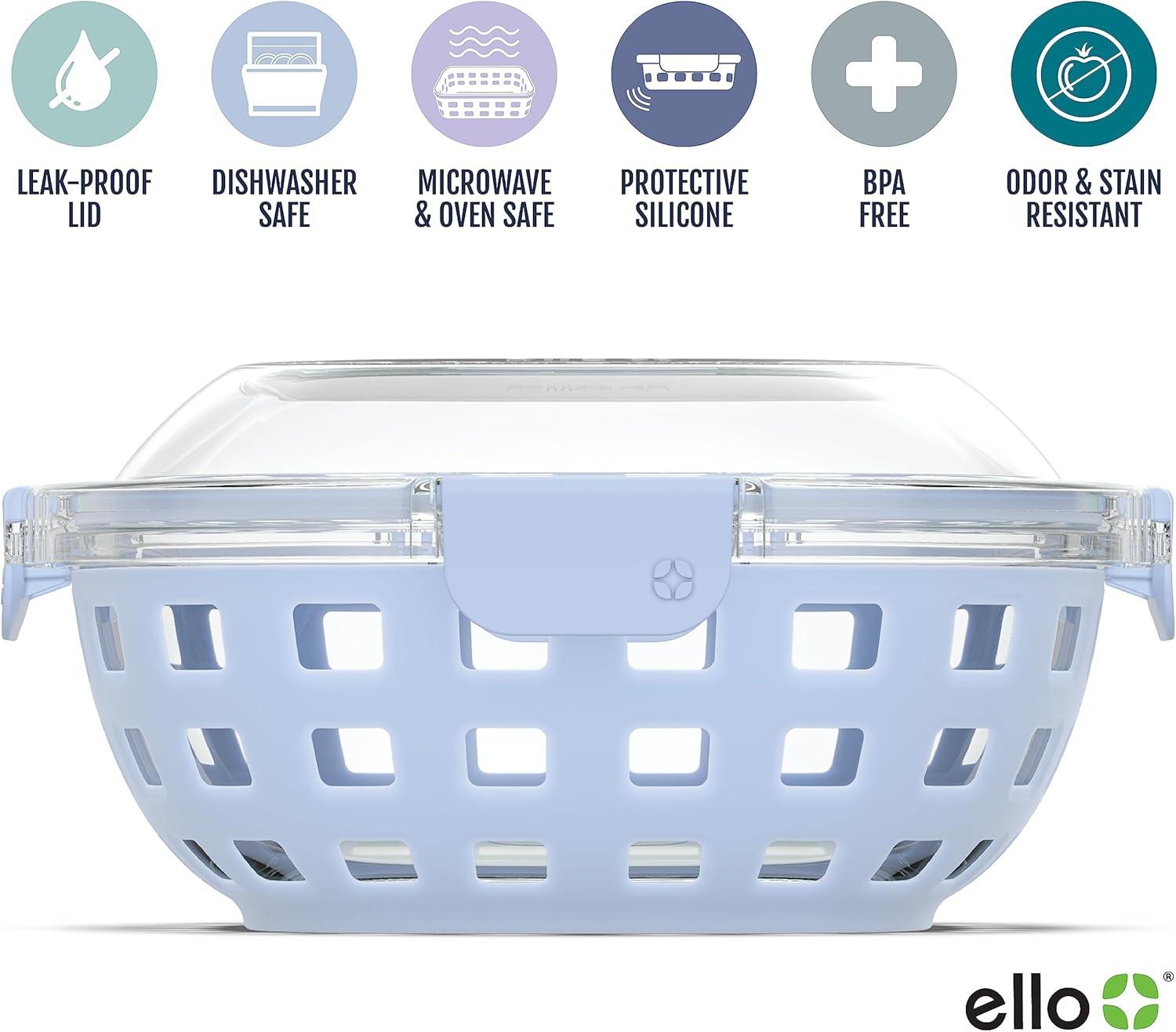 imageEllo Duraglass Meal Prep Container Glass Food Storage Container with Silicone Sleeve and Airtight BPAFree Plastic Lid Dishwasher Microwave and Freezer Safe5 Cup Halogen Blue