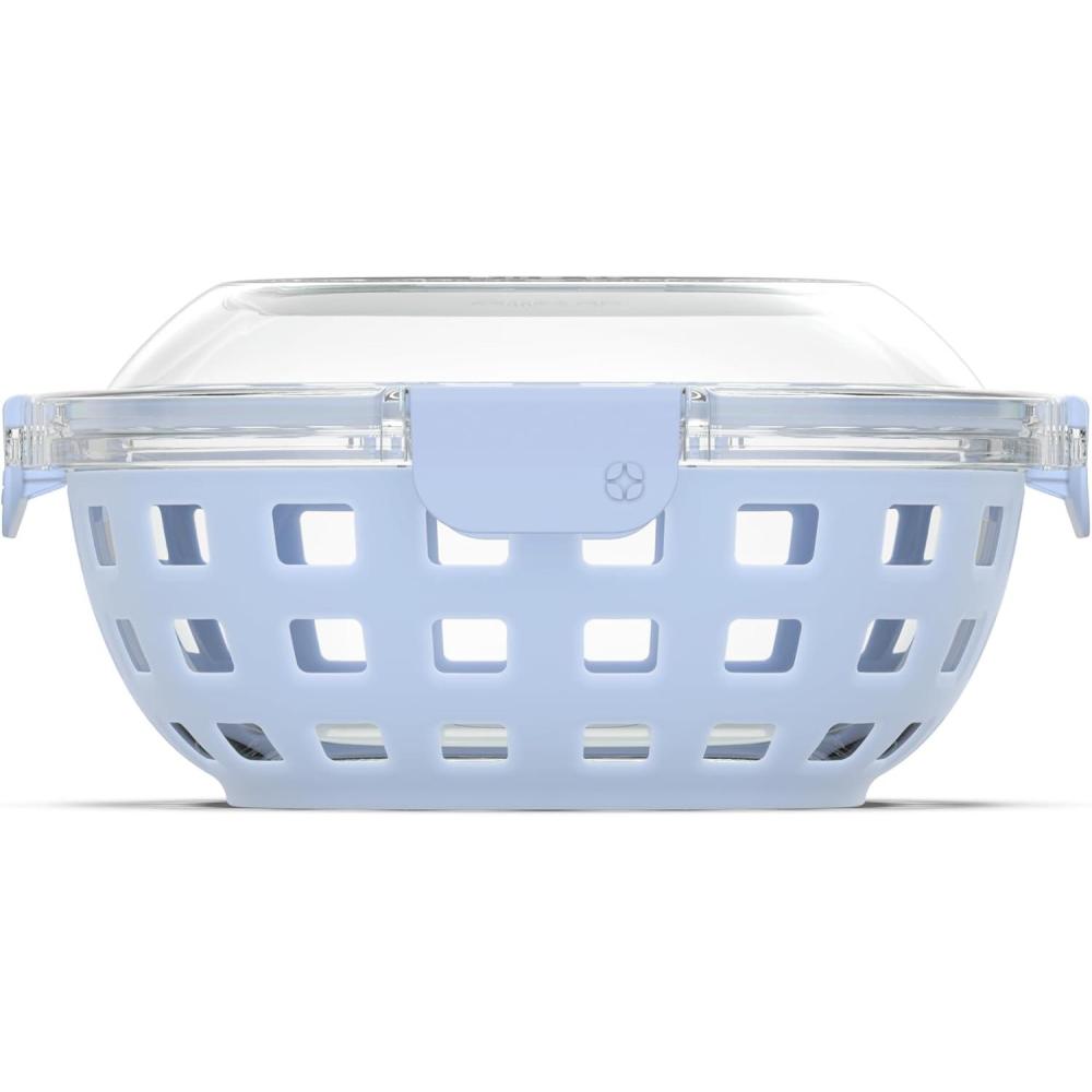 imageEllo Duraglass Meal Prep Container Glass Food Storage Container with Silicone Sleeve and Airtight BPAFree Plastic Lid Dishwasher Microwave and Freezer Safe5 Cup Halogen Blue