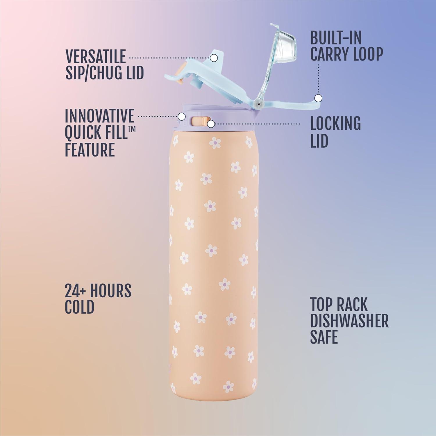 imageEllo Pop amp Fill Insulated Stainless Steel Water Bottle with Quick Fill Lid Leakproof Locking Sip or Chug Spout BPAFree Double Wall Vacuum Insulated for Sports Travel amp School 22oz 32oz 40ozGloss Daisies
