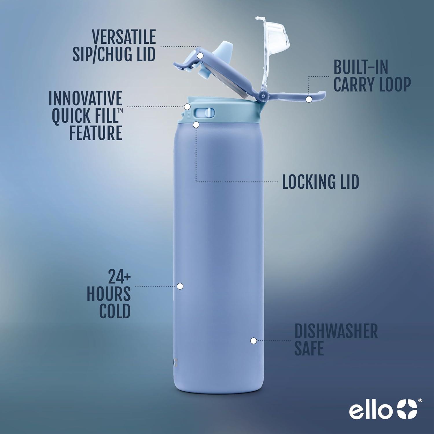 imageEllo Pop amp Fill Insulated Stainless Steel Water Bottle with Quick Fill Lid Leakproof Locking Sip or Chug Spout BPAFree Double Wall Vacuum Insulated for Sports Travel amp School 22oz 32oz 40ozRaincloud
