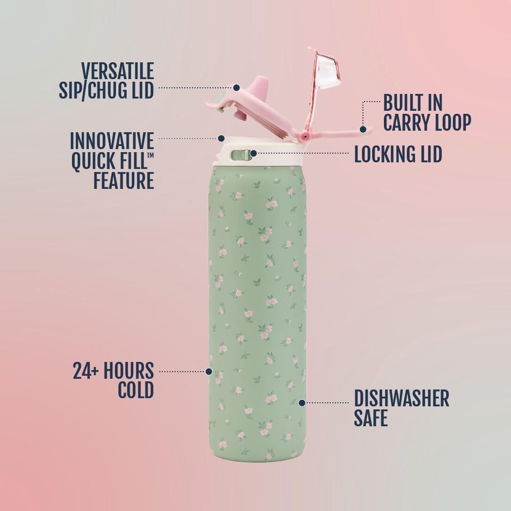 imageEllo Pop amp Fill Insulated Stainless Steel Water Bottle with Quick Fill Lid Leakproof Locking Sip or Chug Spout BPAFree Double Wall Vacuum Insulated for Sports Travel amp School 22oz 32oz 40ozFull Bloom