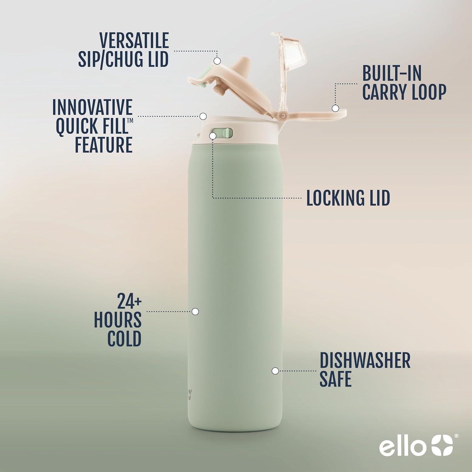 imageEllo Pop amp Fill Insulated Stainless Steel Water Bottle with Quick Fill Lid Leakproof Locking Sip or Chug Spout BPAFree Double Wall Vacuum Insulated for Sports Travel amp School 22oz 32oz 40ozPistachio