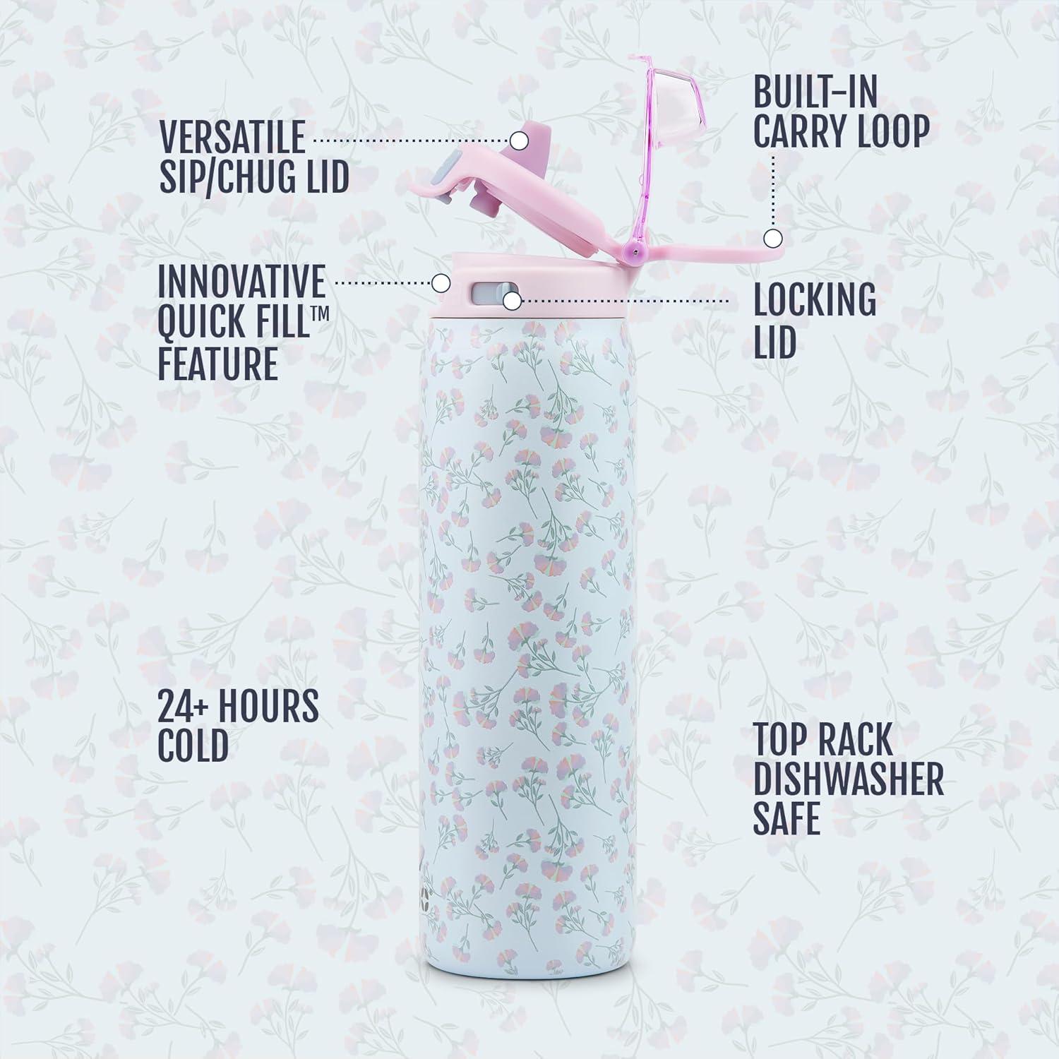 imageEllo Pop amp Fill Insulated Stainless Steel Water Bottle with Quick Fill Lid Leakproof Locking Sip or Chug Spout BPAFree Double Wall Vacuum Insulated for Sports Travel amp School 22oz 32oz 40ozSerene Blooms