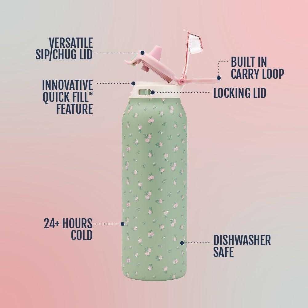 imageEllo Pop amp Fill Insulated Stainless Steel Water Bottle with Quick Fill Lid Leakproof Locking Sip or Chug Spout BPAFree Double Wall Vacuum Insulated for Sports Travel amp School 22oz 32oz 40ozFull Bloom
