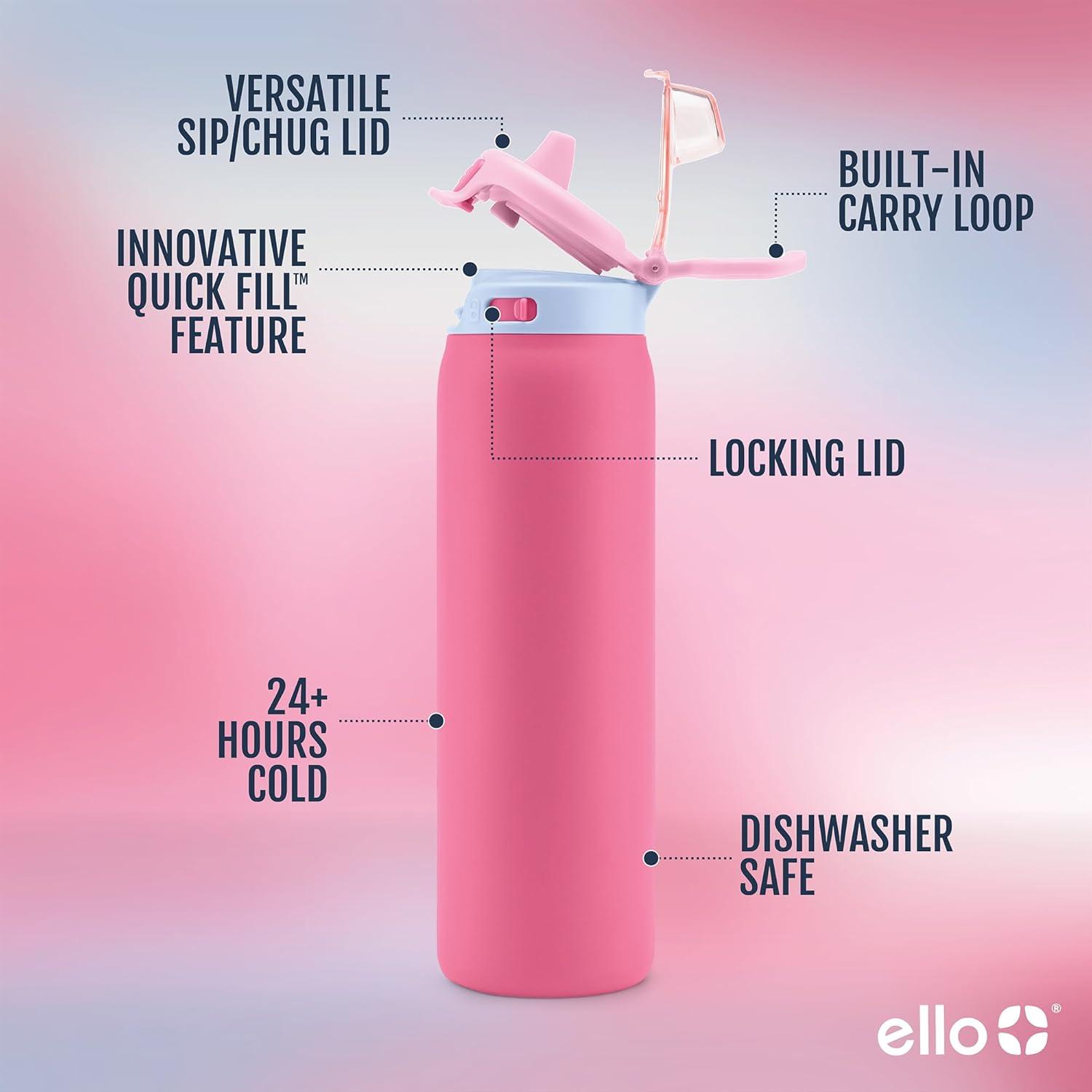 imageEllo Pop amp Fill Insulated Stainless Steel Water Bottle with Quick Fill Lid Leakproof Locking Sip or Chug Spout BPAFree Double Wall Vacuum Insulated for Sports Travel amp School 22oz 32oz 40ozCherry Breeze