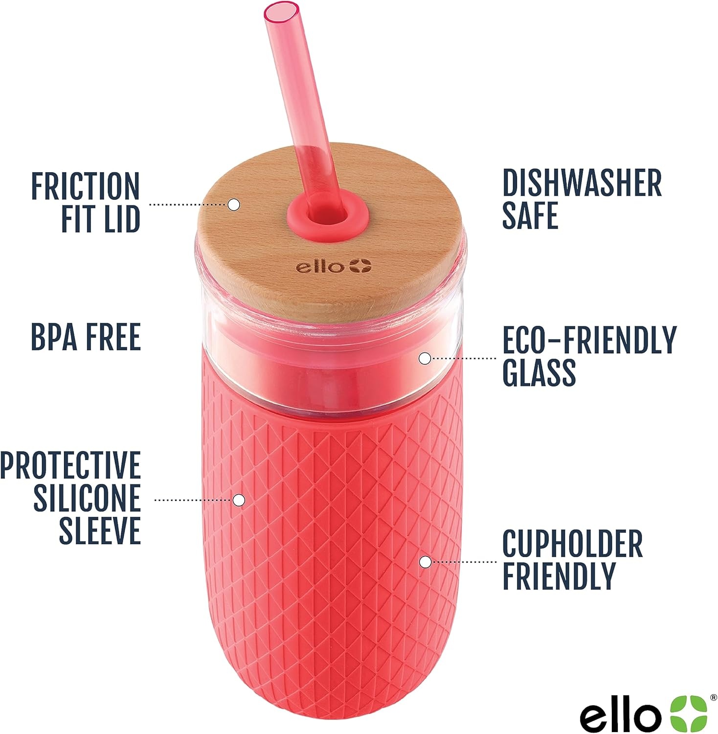 image:imageEllo Ava 18oz Glass Tumbler with Straw and Lid Premium Ribbed Glass with Silicone Grip Car Cup Friendly Dishwasher Safe BPA Free Iced Coffee Water Matcha Juice Cup SugarplumCoral