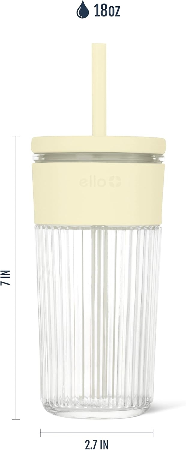 image:imageEllo Ava 18oz Glass Tumbler with Straw and Lid Premium Ribbed Glass with Silicone Grip Car Cup Friendly Dishwasher Safe BPA Free Iced Coffee Water Matcha Juice Cup SugarplumLemon