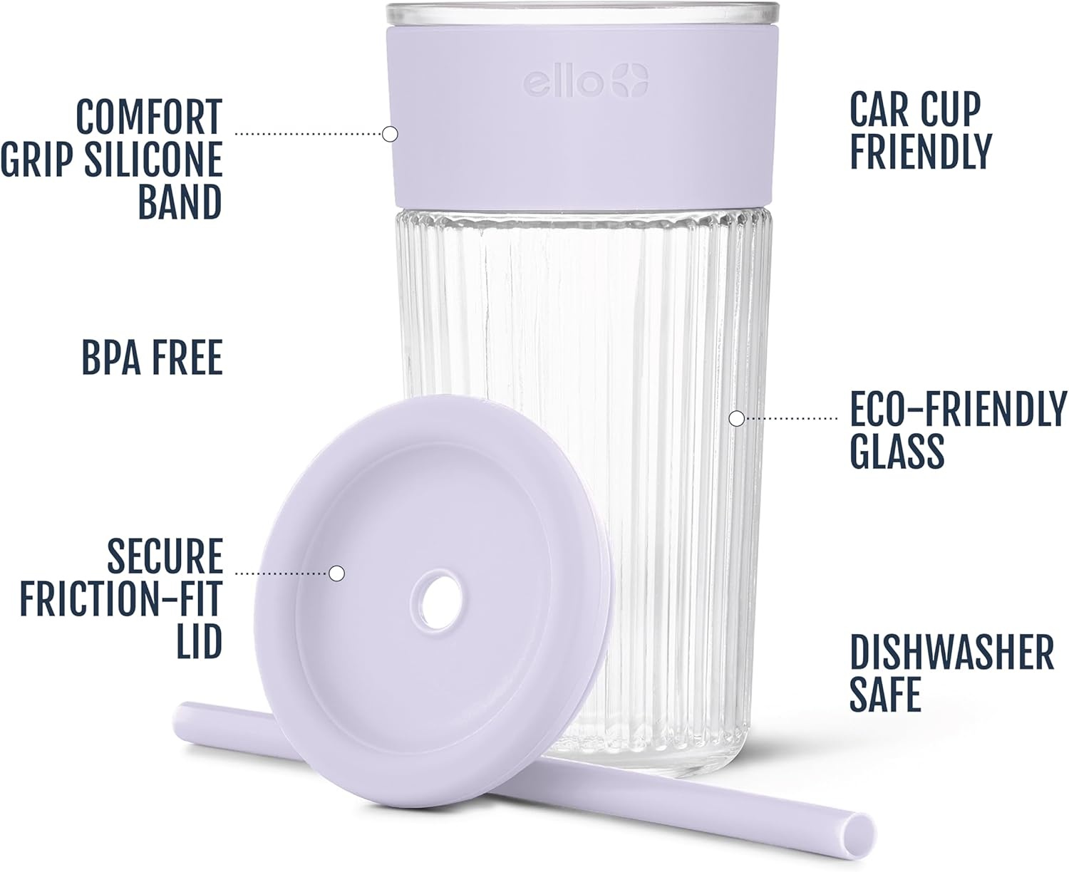 image:imageEllo Ava 18oz Glass Tumbler with Straw and Lid Premium Ribbed Glass with Silicone Grip Car Cup Friendly Dishwasher Safe BPA Free Iced Coffee Water Matcha Juice Cup SugarplumSugarplum