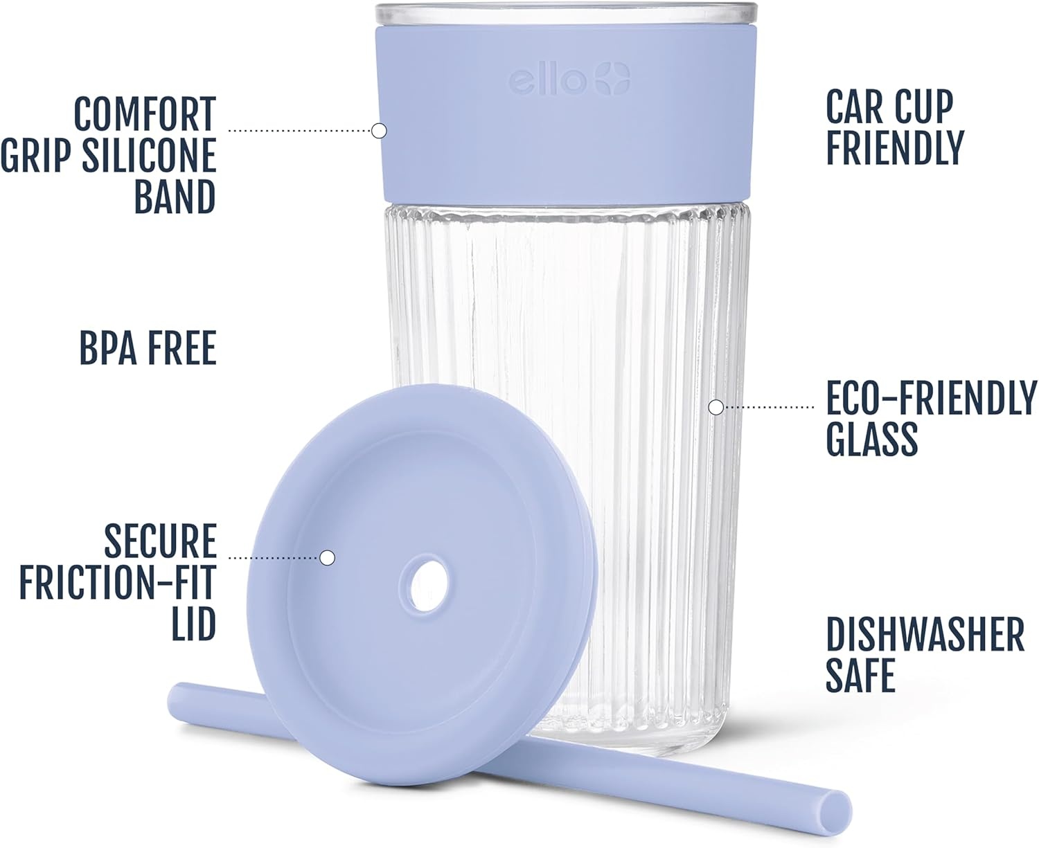 image:imageEllo Ava 18oz Glass Tumbler with Straw and Lid Premium Ribbed Glass with Silicone Grip Car Cup Friendly Dishwasher Safe BPA Free Iced Coffee Water Matcha Juice Cup SugarplumBlueberry