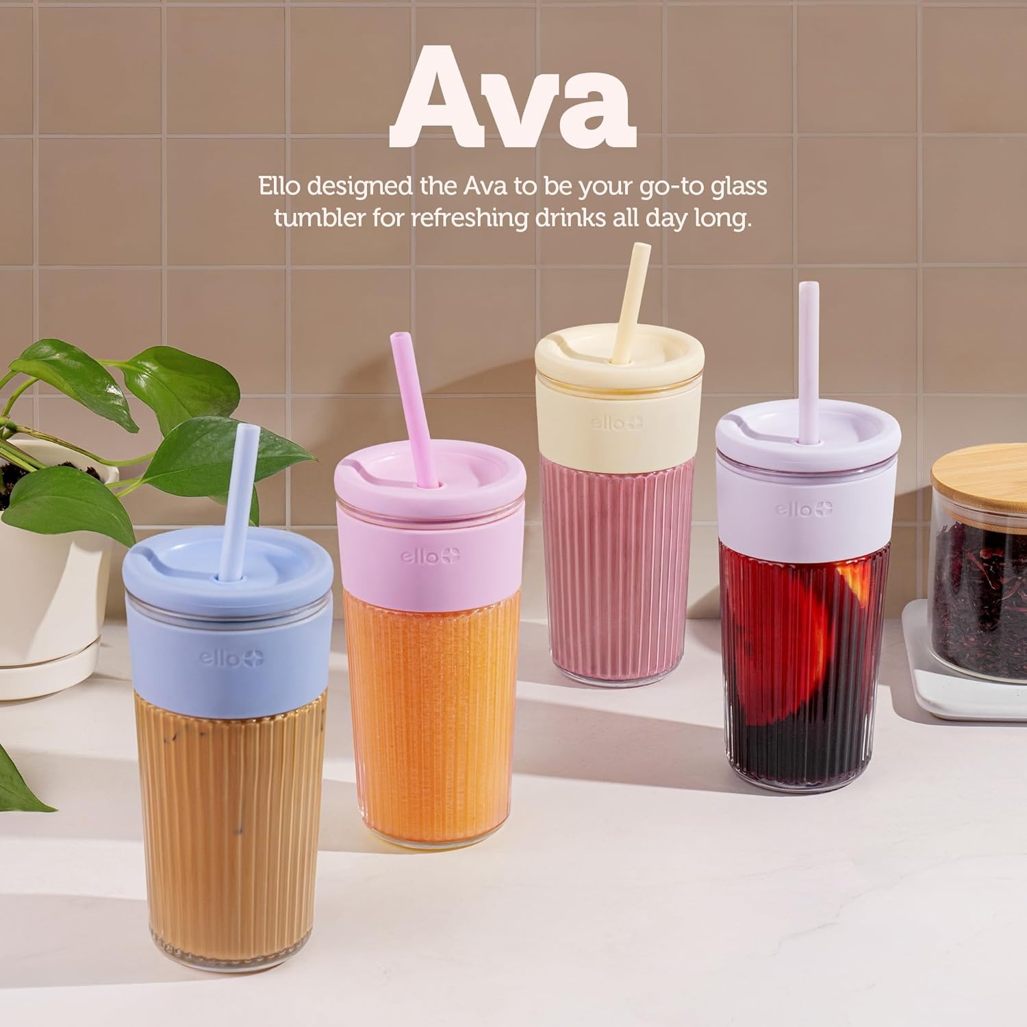 image:imageEllo Ava 18oz Glass Tumbler with Straw and Lid Premium Ribbed Glass with Silicone Grip Car Cup Friendly Dishwasher Safe BPA Free Iced Coffee Water Matcha Juice Cup SugarplumLemon