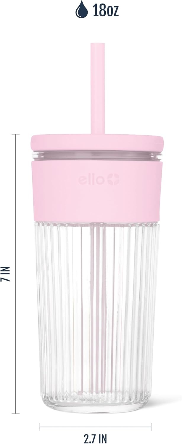 image:imageEllo Ava 18oz Glass Tumbler with Straw and Lid Premium Ribbed Glass with Silicone Grip Car Cup Friendly Dishwasher Safe BPA Free Iced Coffee Water Matcha Juice Cup SugarplumPink Orchard