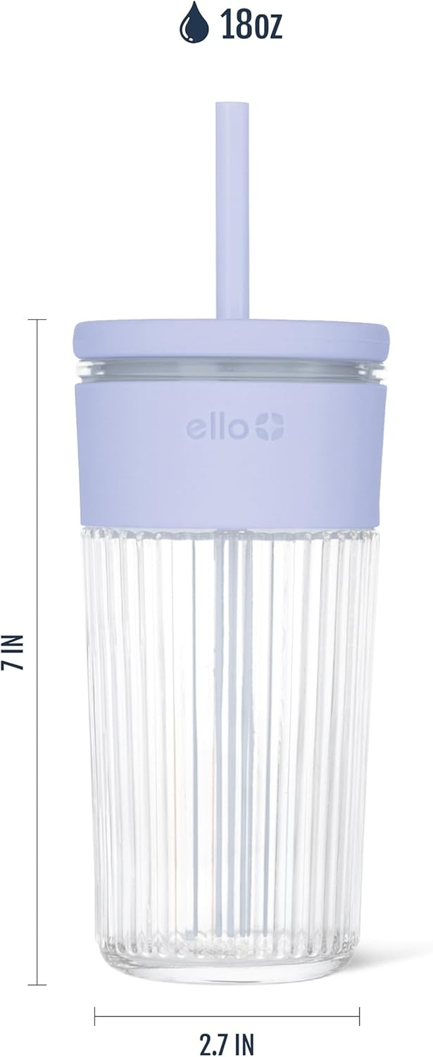 image:imageEllo Ava 18oz Glass Tumbler with Straw and Lid Premium Ribbed Glass with Silicone Grip Car Cup Friendly Dishwasher Safe BPA Free Iced Coffee Water Matcha Juice Cup SugarplumBlueberry