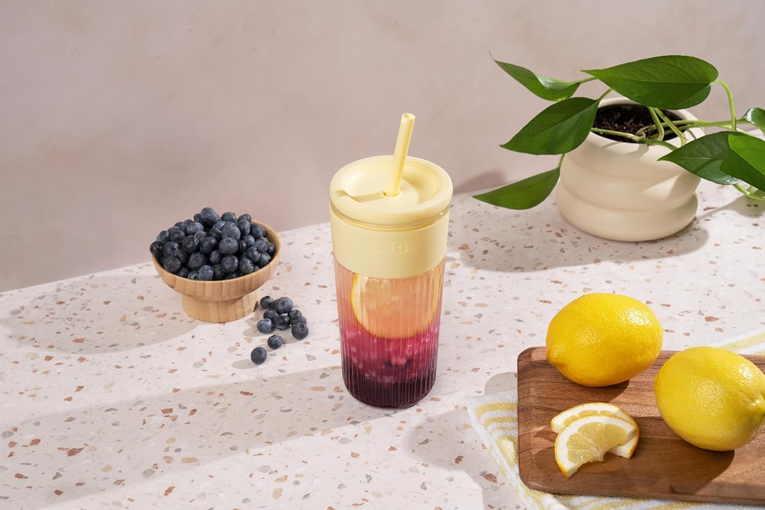 image:imageEllo Ava 18oz Glass Tumbler with Straw and Lid Premium Ribbed Glass with Silicone Grip Car Cup Friendly Dishwasher Safe BPA Free Iced Coffee Water Matcha Juice Cup SugarplumLemon