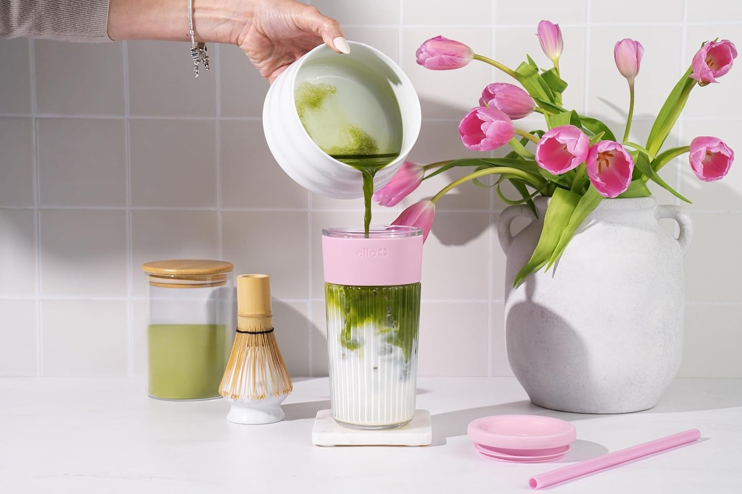 image:imageEllo Ava 18oz Glass Tumbler with Straw and Lid Premium Ribbed Glass with Silicone Grip Car Cup Friendly Dishwasher Safe BPA Free Iced Coffee Water Matcha Juice Cup SugarplumPink Orchard