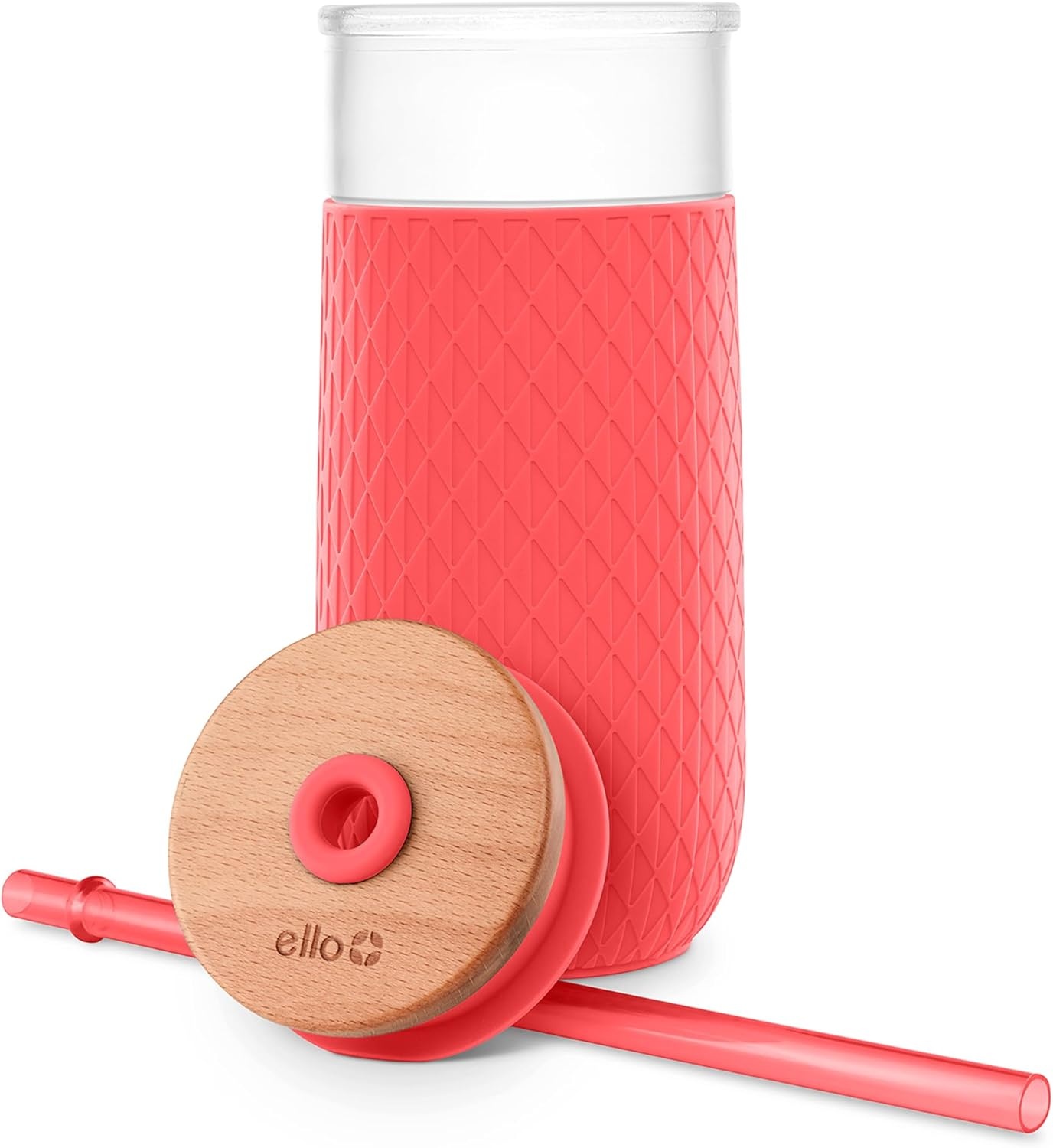 image:imageEllo Ava 18oz Glass Tumbler with Straw and Lid Premium Ribbed Glass with Silicone Grip Car Cup Friendly Dishwasher Safe BPA Free Iced Coffee Water Matcha Juice Cup SugarplumCoral