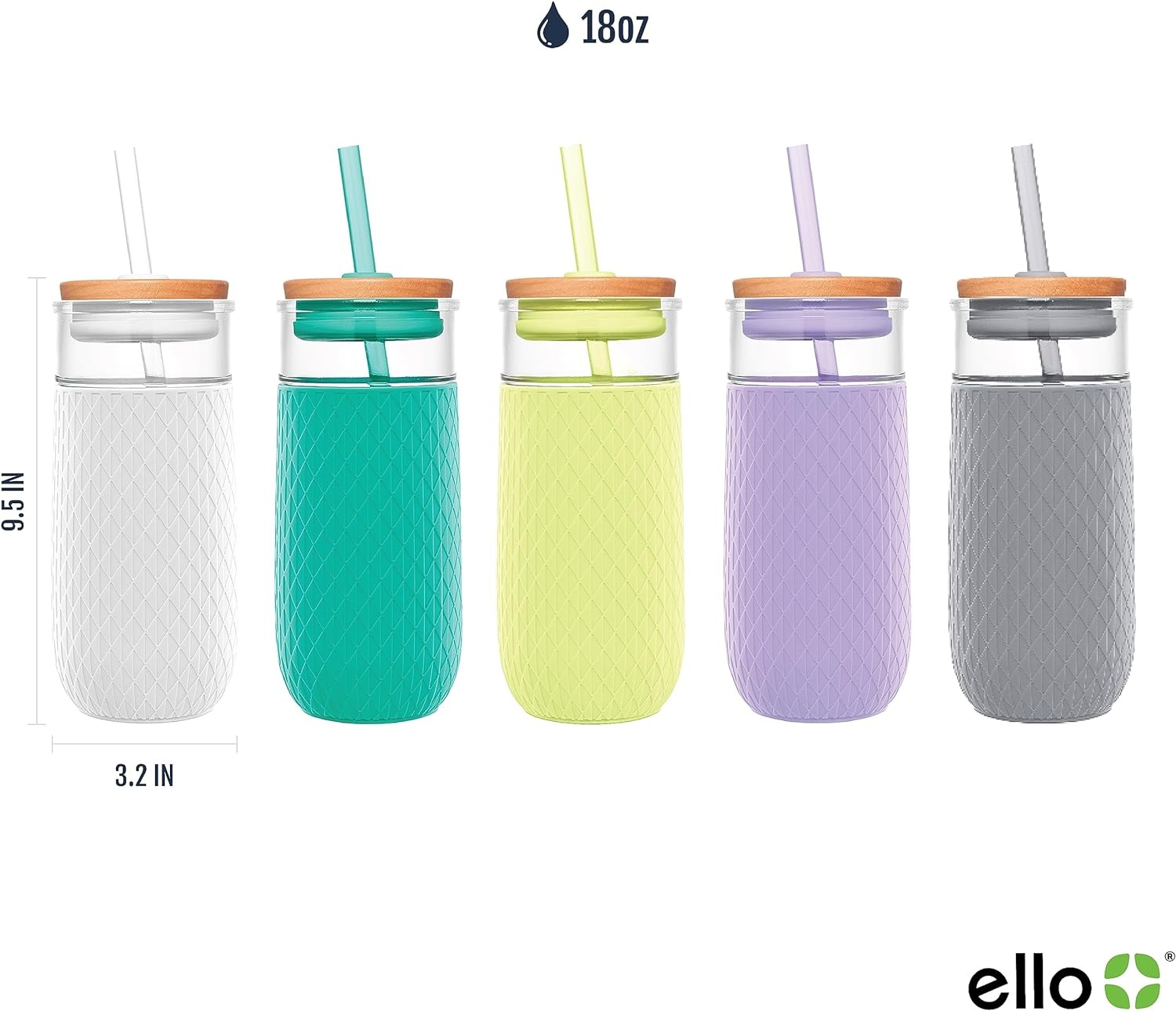 image:imageEllo Ava 18oz Glass Tumbler with Straw and Lid Premium Ribbed Glass with Silicone Grip Car Cup Friendly Dishwasher Safe BPA Free Iced Coffee Water Matcha Juice Cup SugarplumMint
