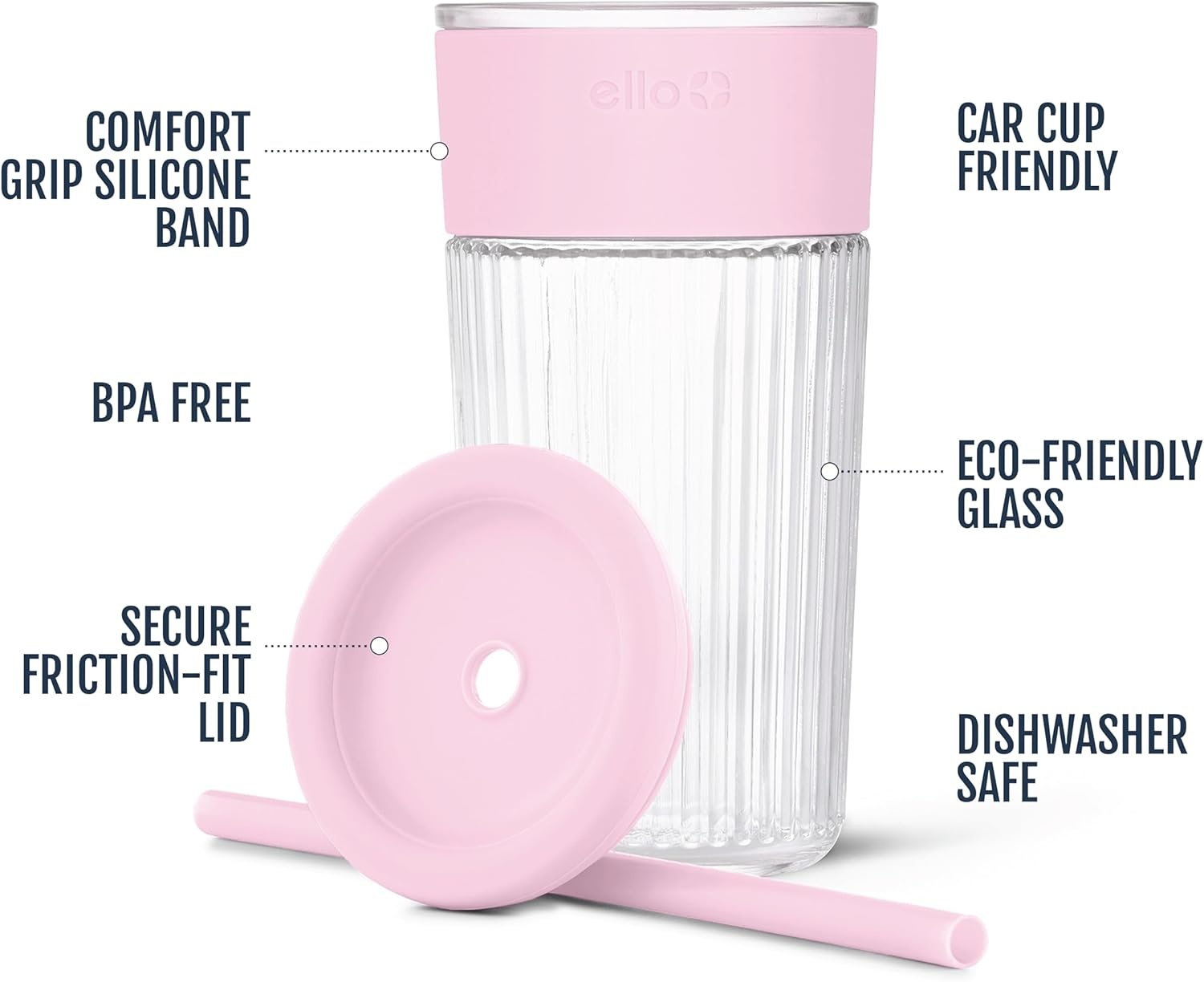 image:imageEllo Ava 18oz Glass Tumbler with Straw and Lid Premium Ribbed Glass with Silicone Grip Car Cup Friendly Dishwasher Safe BPA Free Iced Coffee Water Matcha Juice Cup SugarplumPink Orchard
