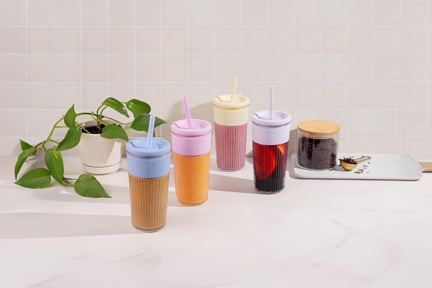 image:imageEllo Ava 18oz Glass Tumbler with Straw and Lid Premium Ribbed Glass with Silicone Grip Car Cup Friendly Dishwasher Safe BPA Free Iced Coffee Water Matcha Juice Cup SugarplumBlueberry
