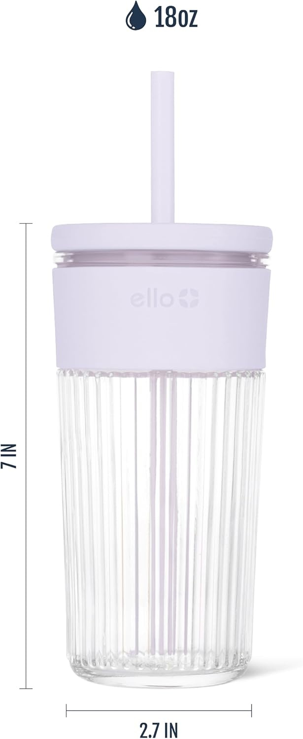 image:imageEllo Ava 18oz Glass Tumbler with Straw and Lid Premium Ribbed Glass with Silicone Grip Car Cup Friendly Dishwasher Safe BPA Free Iced Coffee Water Matcha Juice Cup SugarplumSugarplum
