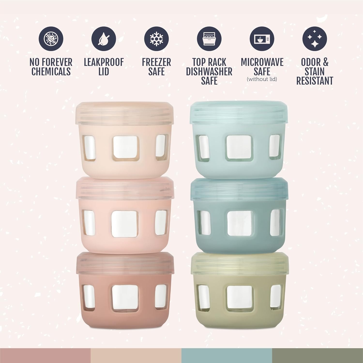 image:imageEllo Clean Start Glass Baby Food Containers 4oz 6 Pack LeakProof Lids BPAFree Jars for Baby Purees Toddler Snack Storage Freezer Microwave Dishwasher Safe without Lid Sunny Shores