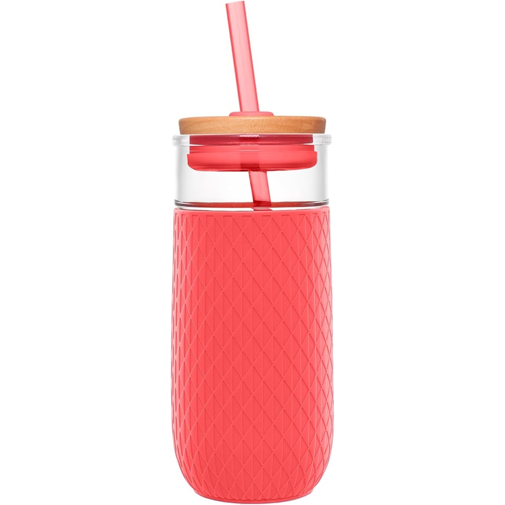 image:imageEllo Ava 18oz Glass Tumbler with Straw and Lid  Premium Ribbed Glass with Silicone Grip Car Cup Friendly Dishwasher Safe BPA Free  Iced Coffee Water Matcha Juice Cup  SugarplumCoral